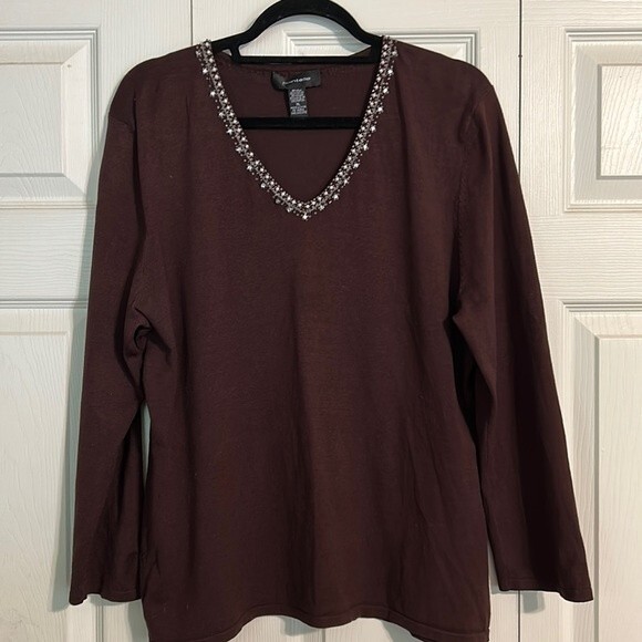 POINTELLE Size X-Large Silk Blend Brown Beaded V-Neck Lightweight Sweater - Picture 1 of 6